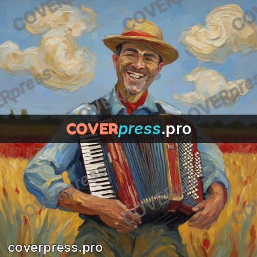 Van Gogh style artwork: accordion player in a field