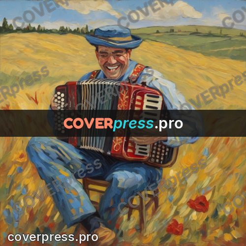 Van Gogh style artwork: accordion player in a field