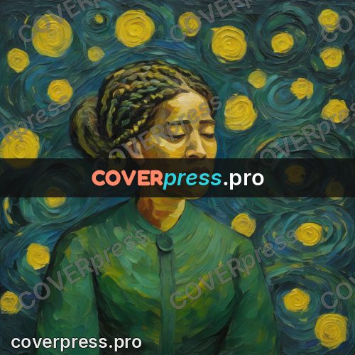 Van Gogh style artwork: woman in green under stars