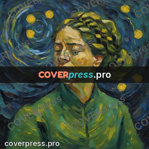 Van Gogh style artwork: woman in green under stars