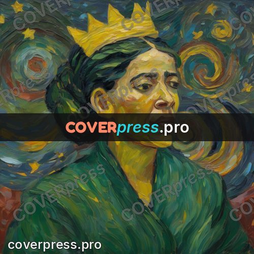 Van Gogh style artwork: woman in green under stars