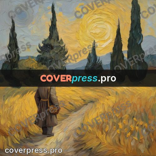 Van Gogh style artwork: traveller on a road by cypresses