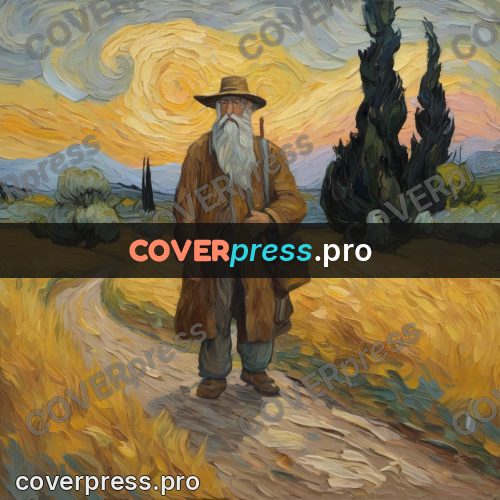 Van Gogh style artwork: traveller on a road by cypresses