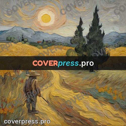 Van Gogh style artwork: traveller on a road by cypresses