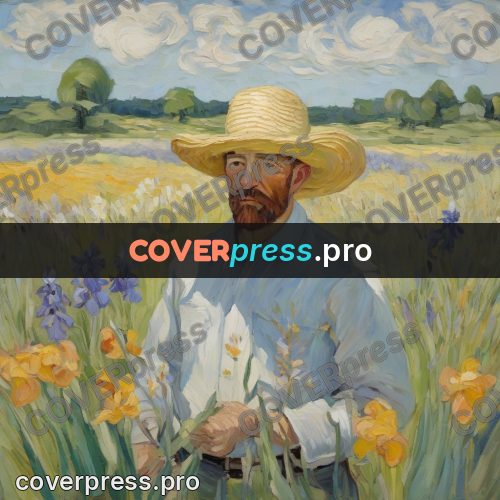 Van Gogh style artwork: man among irises