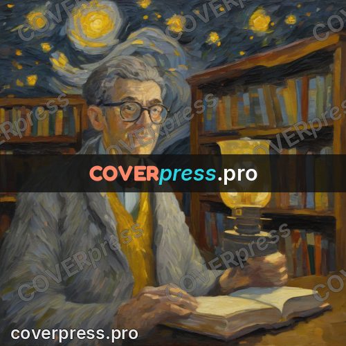 Van Gogh style artwork: man by bookshelves