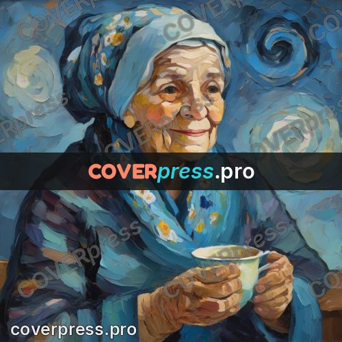 Van Gogh style artwork: old woman with a cup