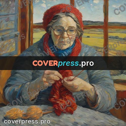 Van Gogh style artwork: woman knitting a red scarf