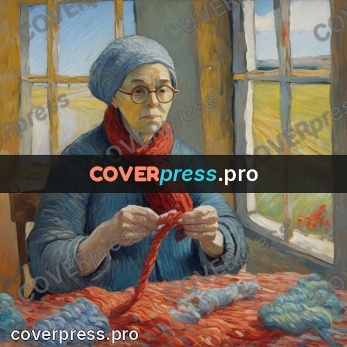 Van Gogh style artwork: woman knitting a red scarf