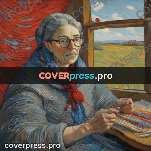 Van Gogh style artwork: woman knitting a red scarf