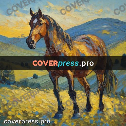Van Gogh style artwork: horse on a slope