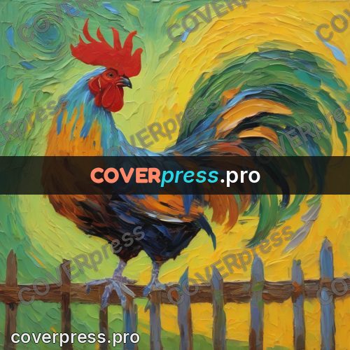 Van Gogh style artwork: rooster on a fence