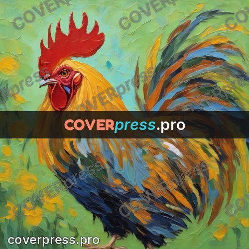 Van Gogh style artwork: rooster on a fence