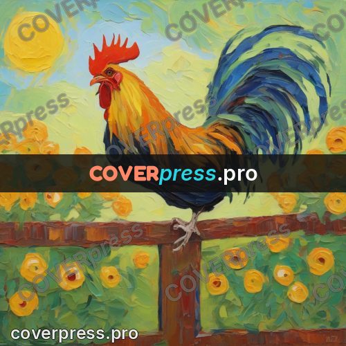 Van Gogh style artwork: rooster on a fence