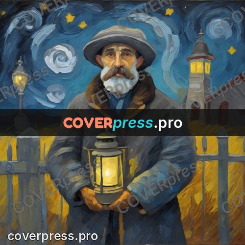Van Gogh style artwork: man with a lantern at night