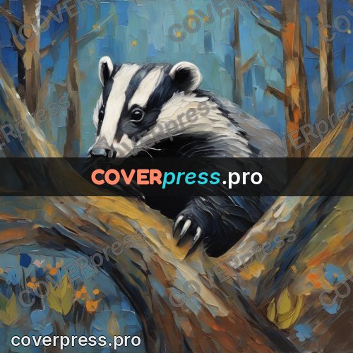 Van Gogh style artwork: badger on a trunk at night