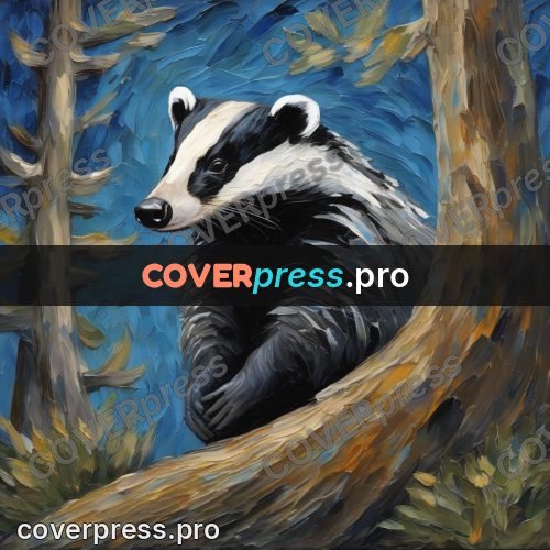 Van Gogh style artwork: badger on a trunk at night