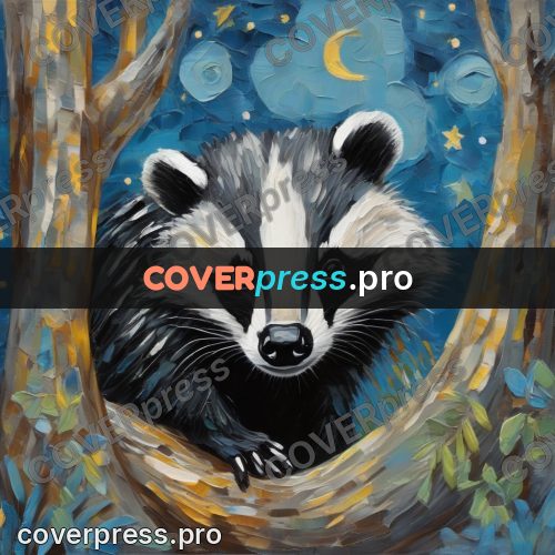 Van Gogh style artwork: badger on a trunk at night