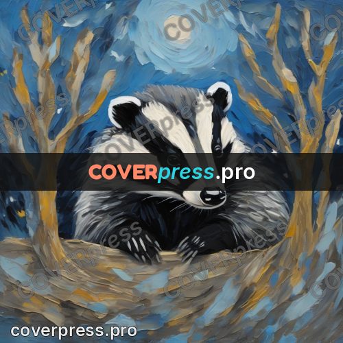 Van Gogh style artwork: badger on a trunk at night