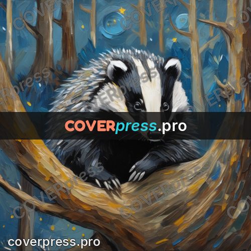 Van Gogh style artwork: badger on a trunk at night