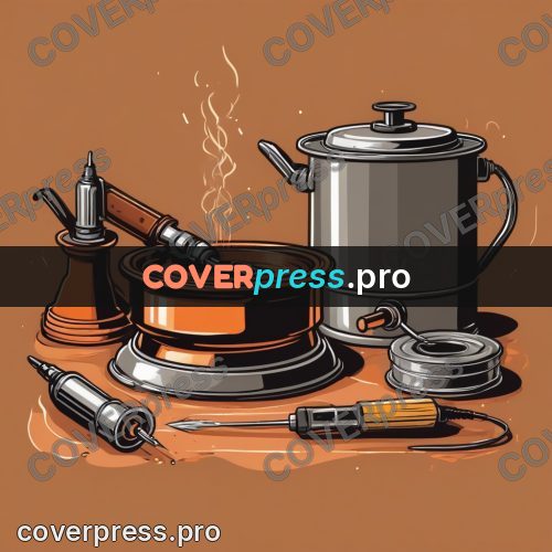 Vector illustration: copper vessels on a workbench