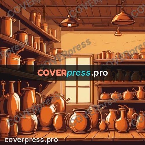 Vector illustration: shelves of copper vessels