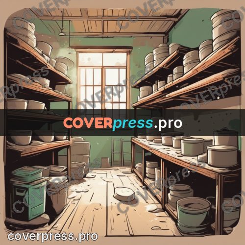 Vector illustration: workshop with shelves of moulds