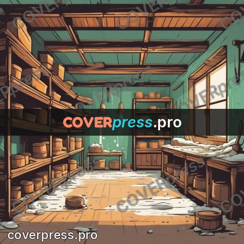 Vector illustration: workshop with shelves of moulds