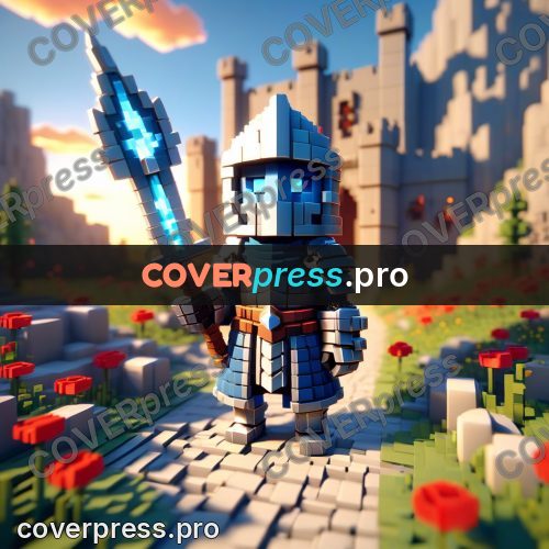 Voxel illustration: knight in armour by a castle