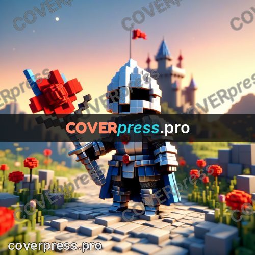 Voxel illustration: knight in armour by a castle