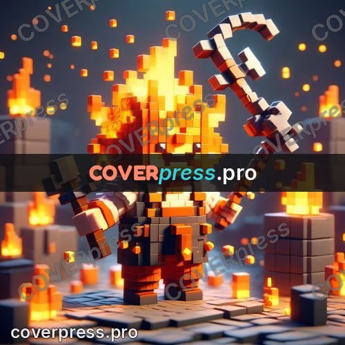 Voxel illustration: figure with a torch among flames