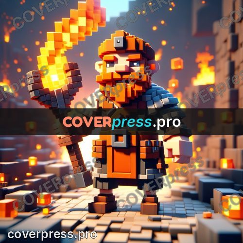 Voxel illustration: figure with a torch among flames