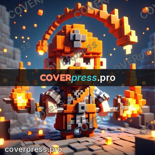 Voxel illustration: figure with a torch among flames