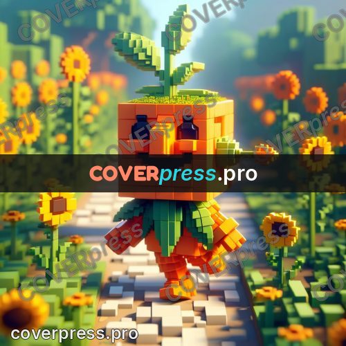 Voxel illustration: vegetable character among sunflowers