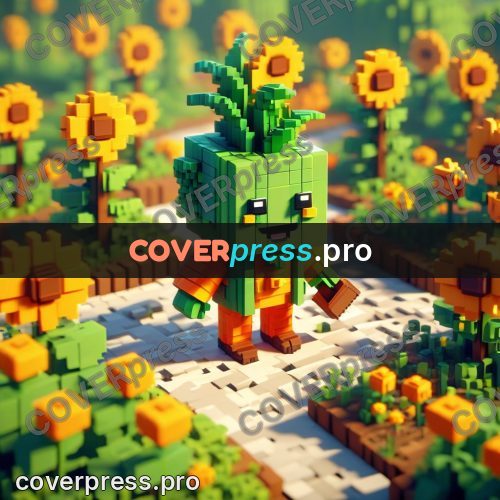 Voxel illustration: vegetable character among sunflowers