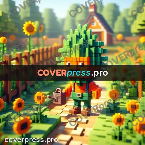 Voxel illustration: vegetable character among sunflowers