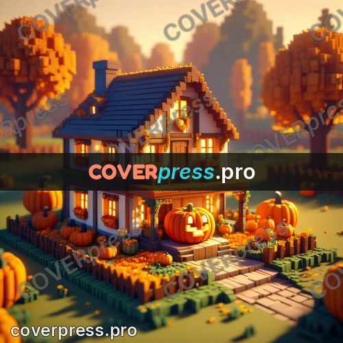 Voxel illustration: house with pumpkins on the porch