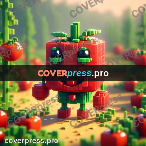Voxel illustration: tomato character in a garden bed