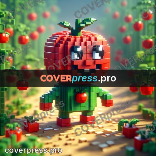 Voxel illustration: tomato character in a garden bed