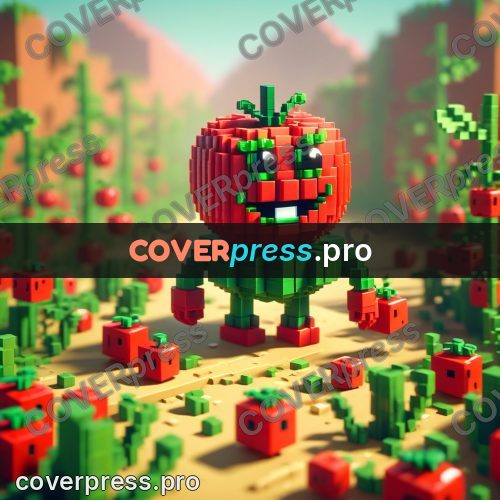 Voxel illustration: tomato character in a garden bed