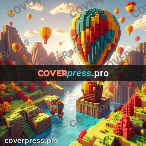 Voxel illustration: hot air balloon over a valley