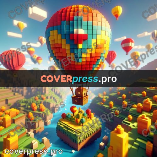 Voxel illustration: hot air balloon over a valley