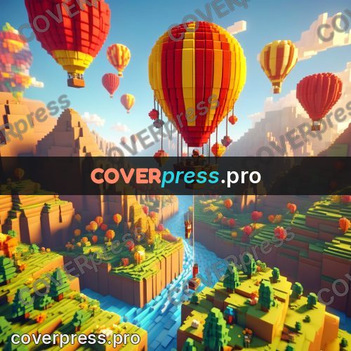 Voxel illustration: hot air balloon over a valley