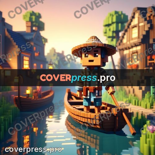 Voxel illustration: boatman in a wooden boat