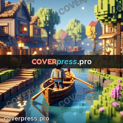 Voxel illustration: boatman in a wooden boat