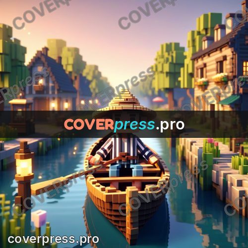 Voxel illustration: boatman in a wooden boat