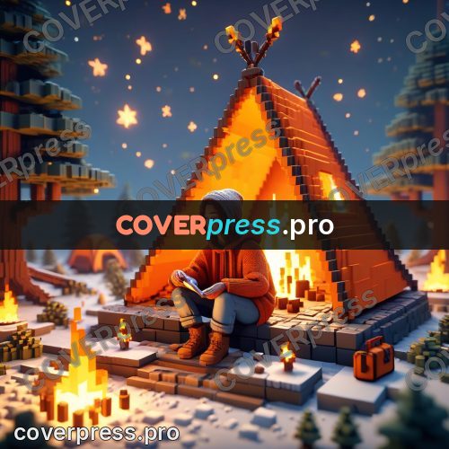 Voxel illustration: tent and campfire in a forest