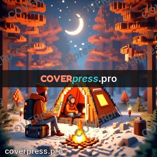 Voxel illustration: tent and campfire in a forest