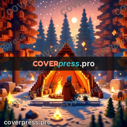 Voxel illustration: tent and campfire in a forest