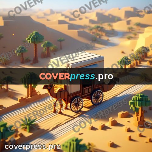 Voxel illustration: camel wagon in the desert